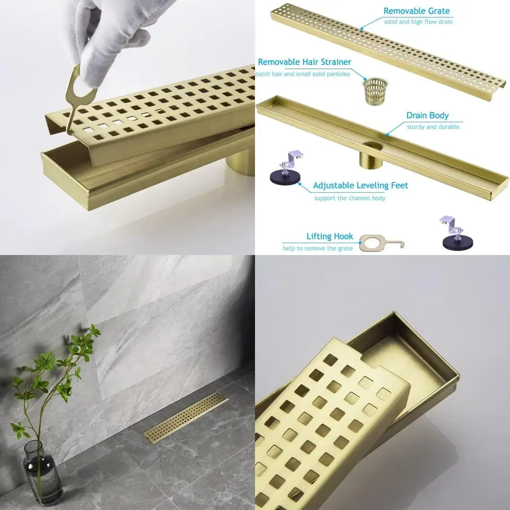 

16-дюймовый линейный душевой трап из матового золота со съемной решеткой и регулируемым фильтром для волос