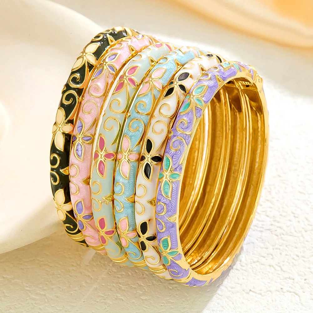 Fashion Colorful Enamel Flower Bangle, Stainless Steel Bohemian Style Bracelet for Women, Minimalist Jewelry Gift (Openable)