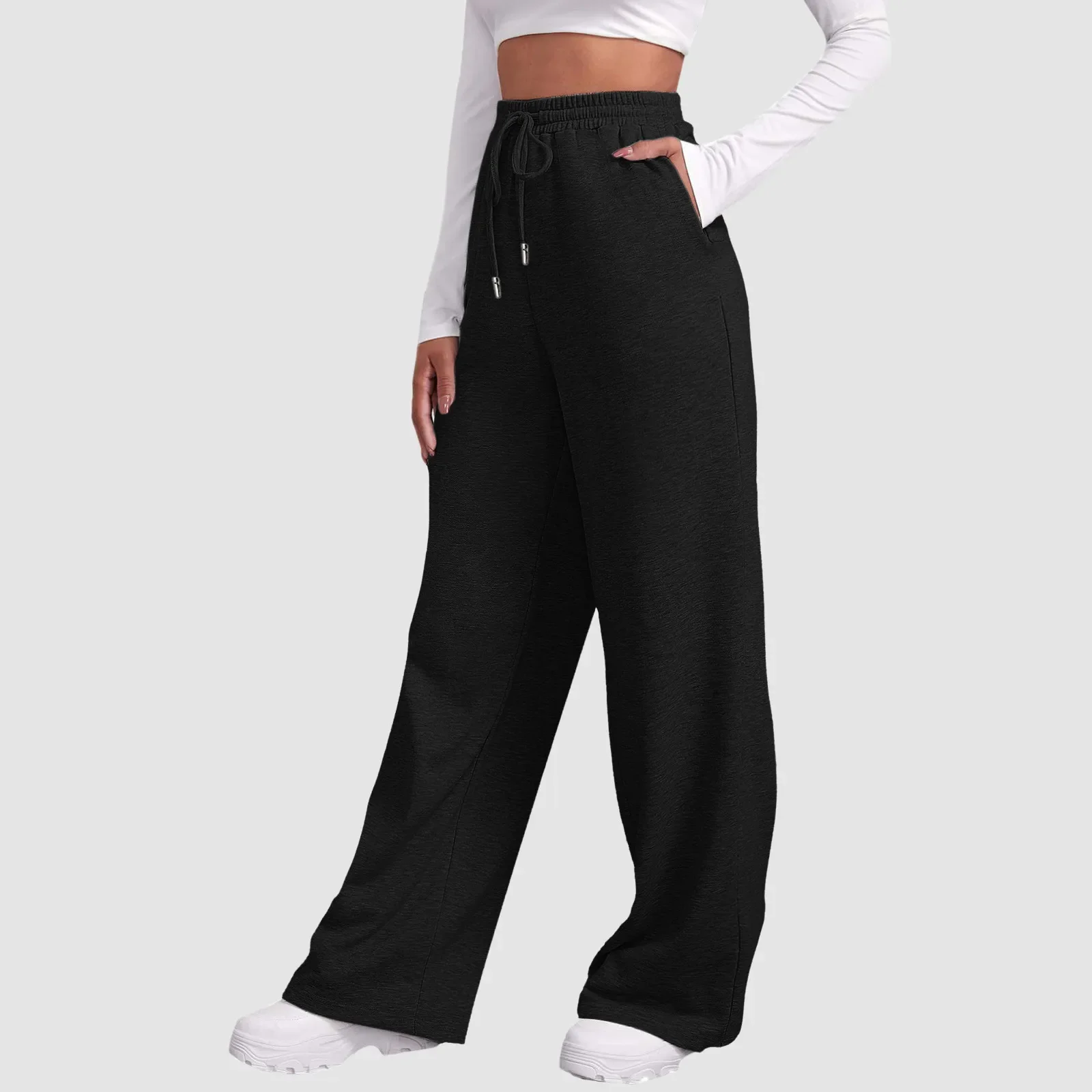 Pantalones de chándal con forro polar para mujer, pantalones de pierna ancha y recta, pantalones de chándal con parte inferior, pantalones para correr, pantalones de entrenamiento de cintura alta con bolsillos