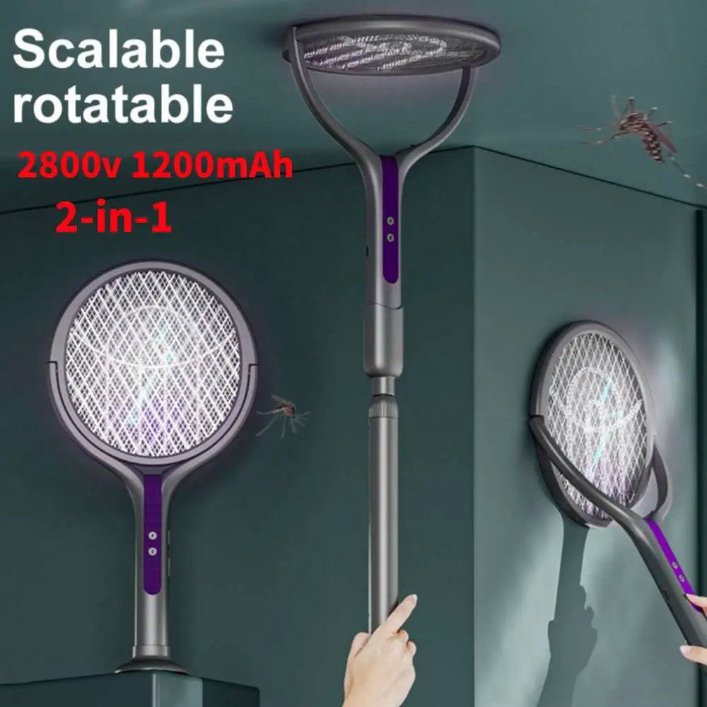 

USB Electric Fly Swatter Extendable Mosquito Swatter with Rotating Head 2 in 1 Mosquito Trap Light for Camping Home Garden