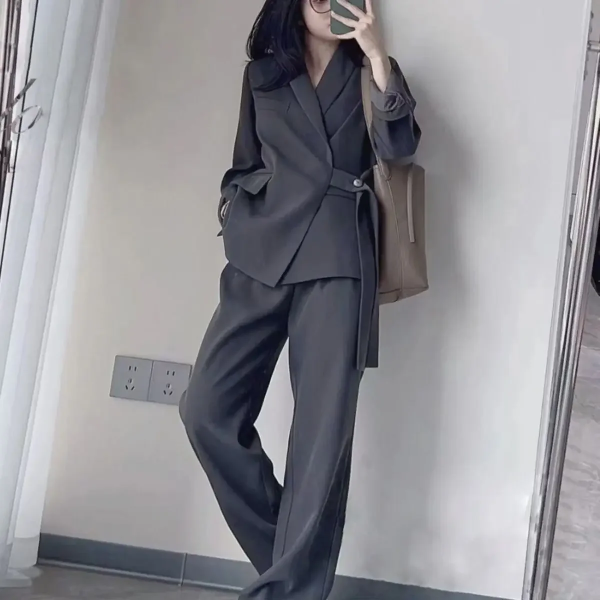 

Spring And Autumn New Women's Pants Set 2Pcs Fashion Lace Up Waist Belt Blazer Trousers Temperament European And American Style