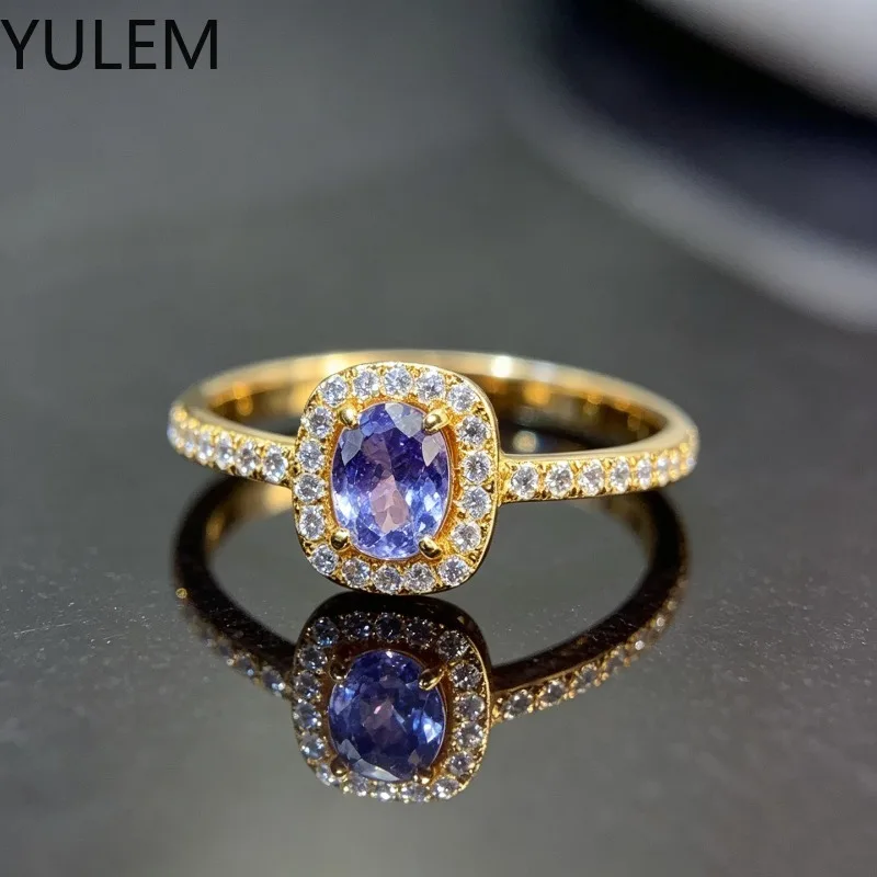 YULEM  925 Sterling Silver Natural Tanzainte Ring Classic Design 4x5mm Valentine's Day Gift