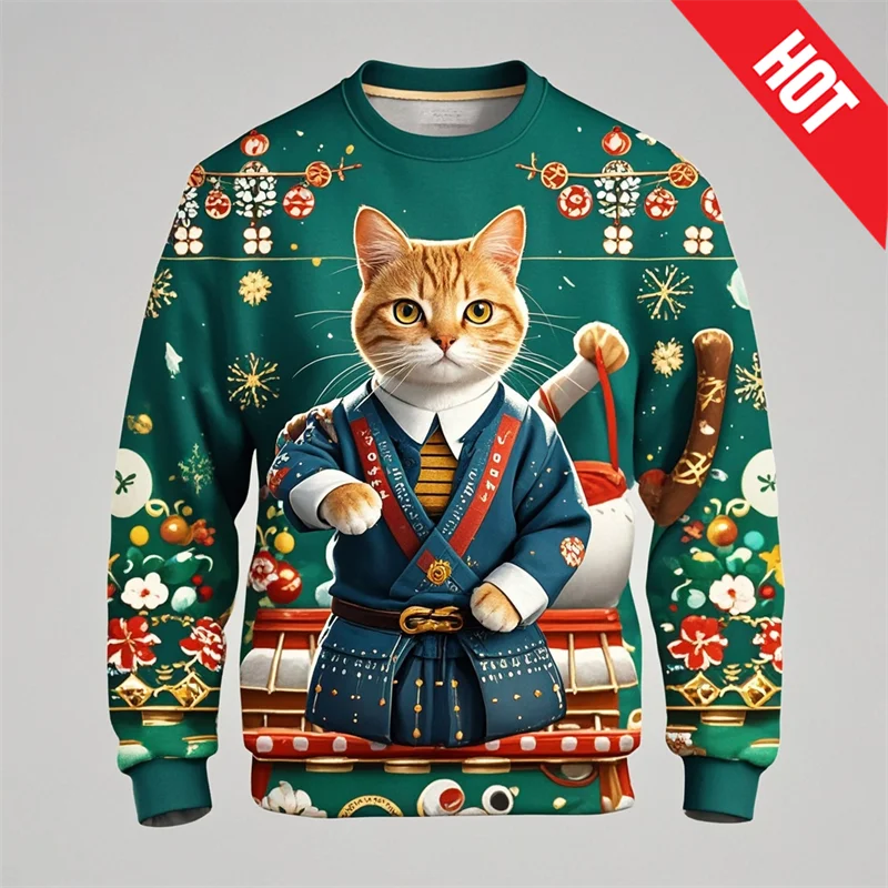 Unisex Ugly Christmas Sweater For Men Women 3D Martial Cat Printed Pullover Sweatshirts Autumn Spring Y2k Sweater New In Jackets