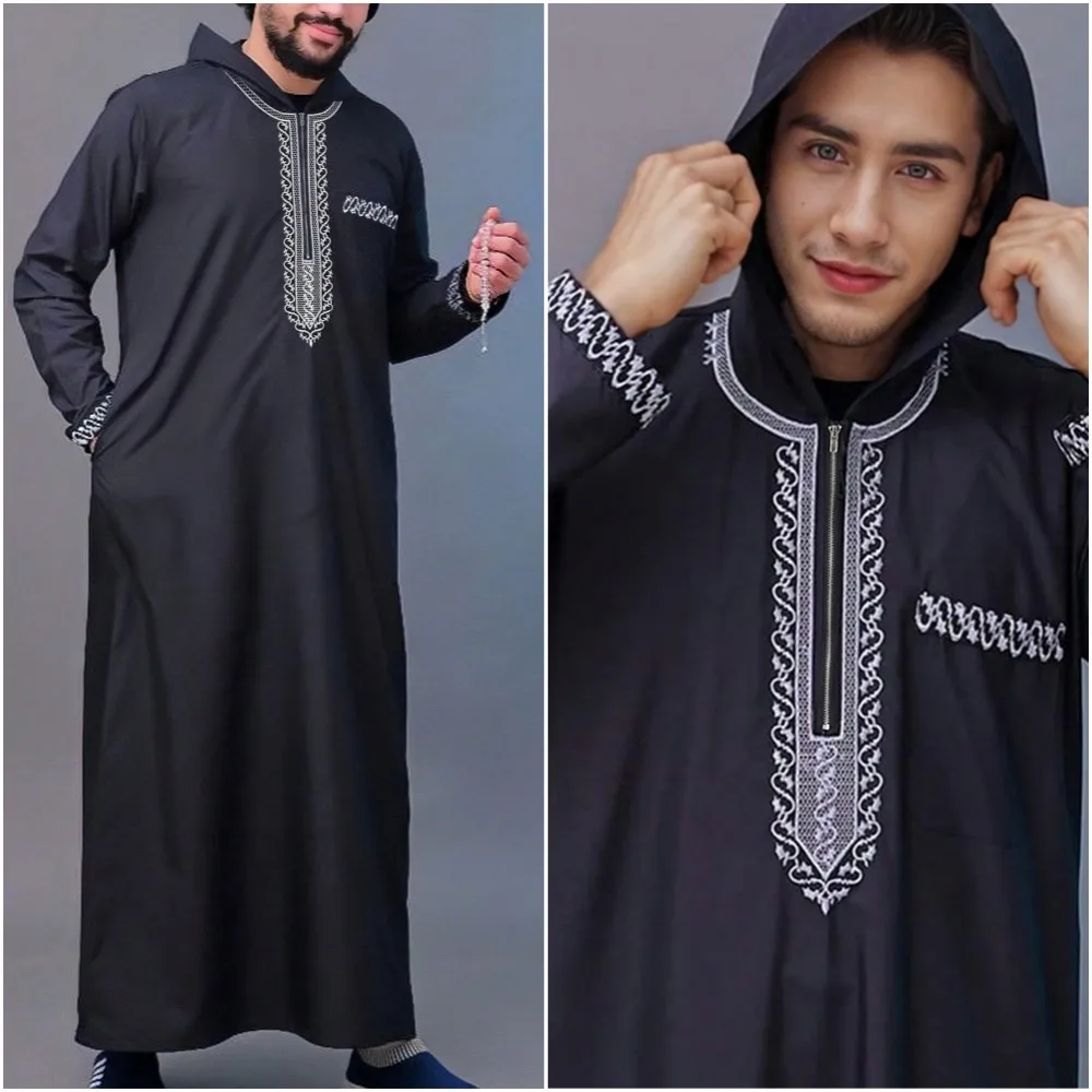 Men's Ethnic Pattern Embroidery Zipper Hooded Robe Traditional Long Sleeve Pocket Jubba Thobe for Daily Wear Man Islamic Thobe