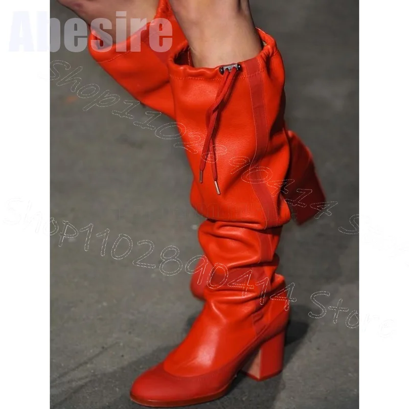 

Red Pleated Design Round Toe Runway Boots Elastic Band Women Shoes Chunky High Heels New Party Banquet 2024 Zapatos Para Mujere