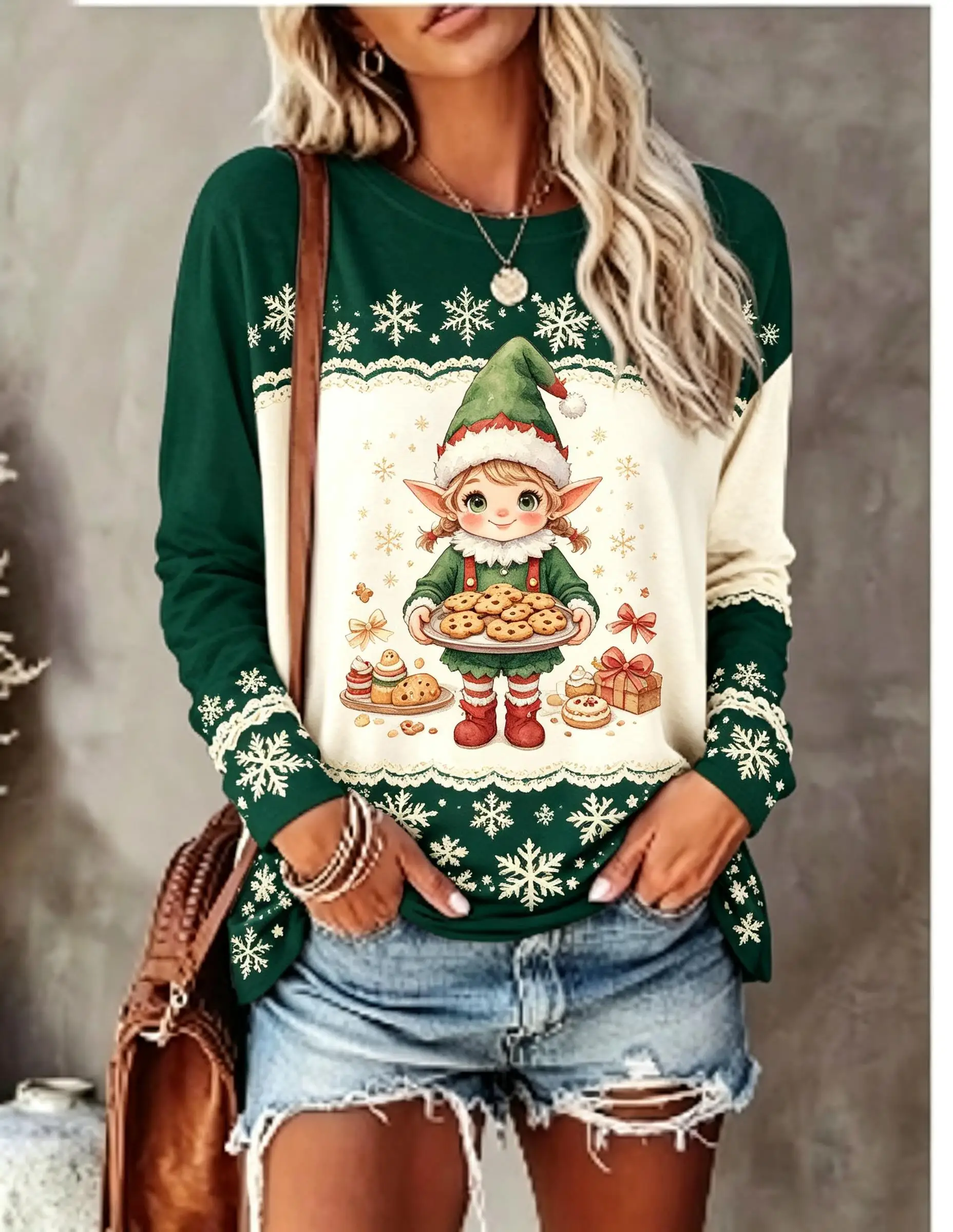 Women Long Sleeve T‑Shirt Christmas Elf Cookie Snowflake Print Crew Neck Casual Fall Winter Tops