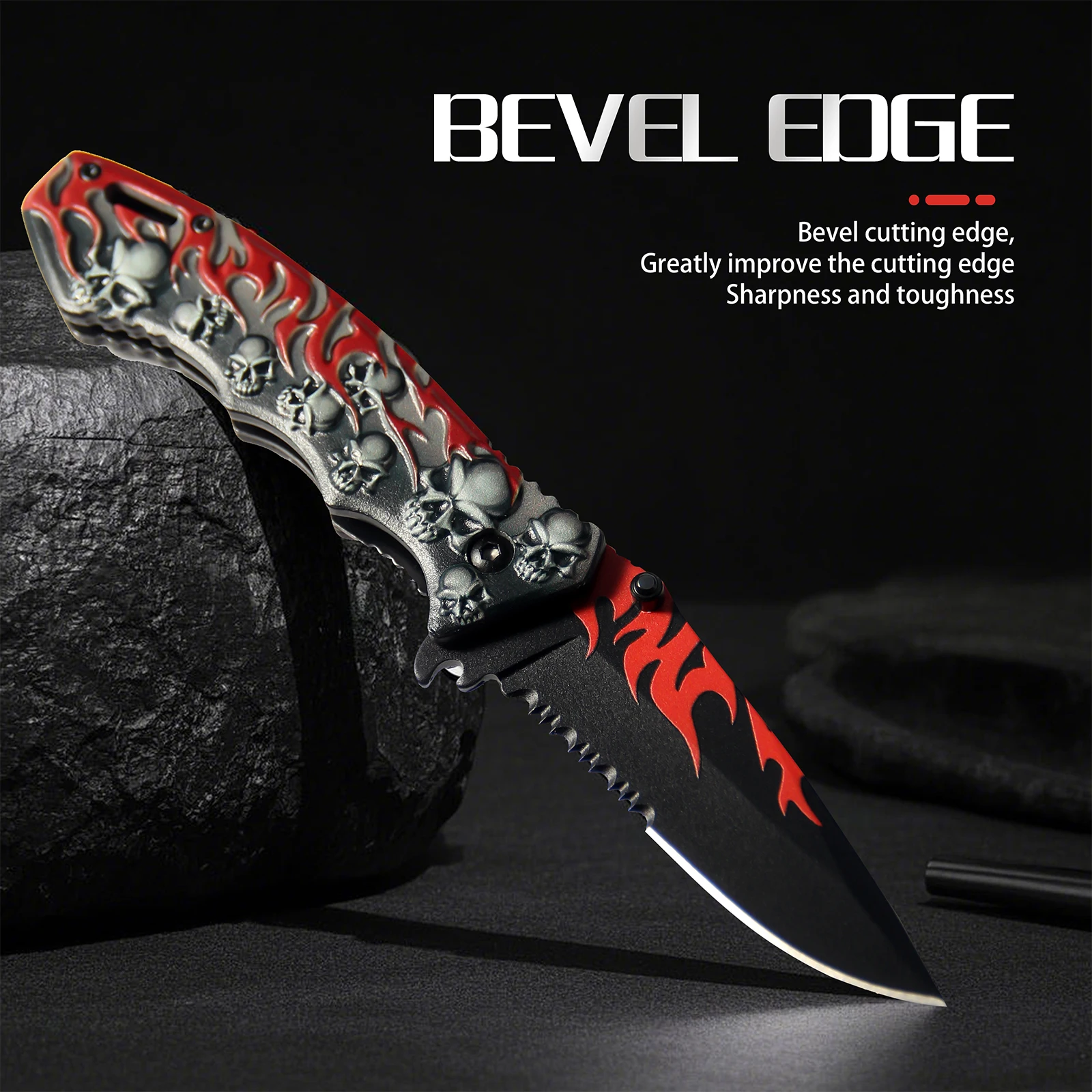 3D Relief Skull Flame Pattern Foldable Pocket Cutting Tool Serrated Blade Portable EDC Outdoor Camping Household Multifunctional Decorative Collectible Utility Cutter Gift for Men