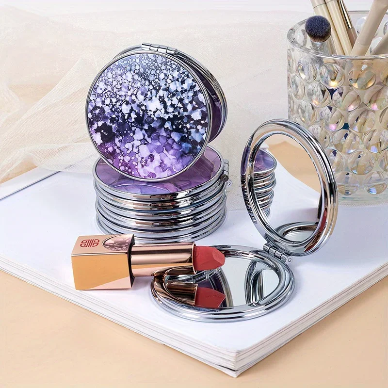 Compact Portable Pocket Mirror Double-Sided Folding round Marbling Cosmic Design for Travel And On-the-Go Touch-ups