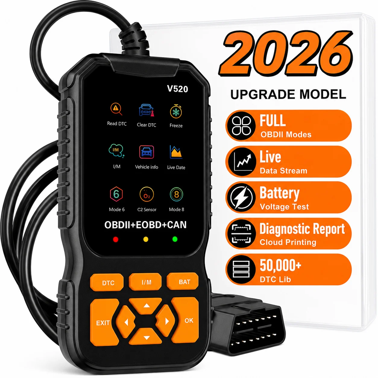 V520 OBD2 Diagnostic Scanner Professional Engine Fault Code Reader with Real-Time Data Stream, 8 Language Display