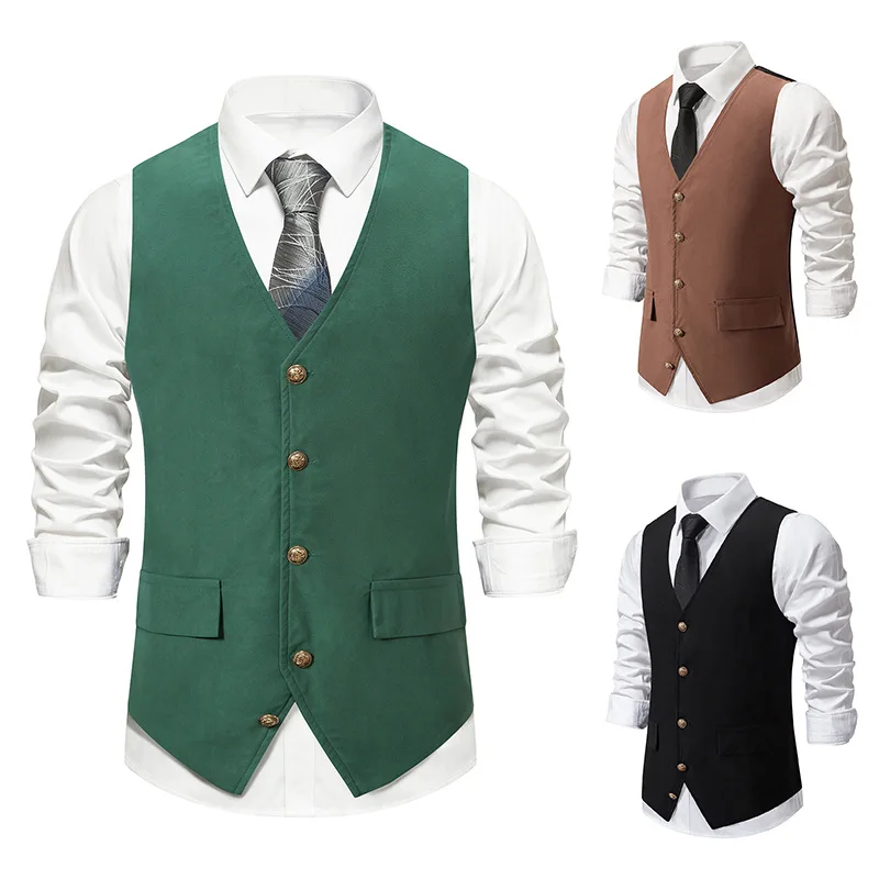 Chaleco de traje de un solo pecho para hombre, ropa masculina Retro Medieval, Color sólido, tendencia de moda