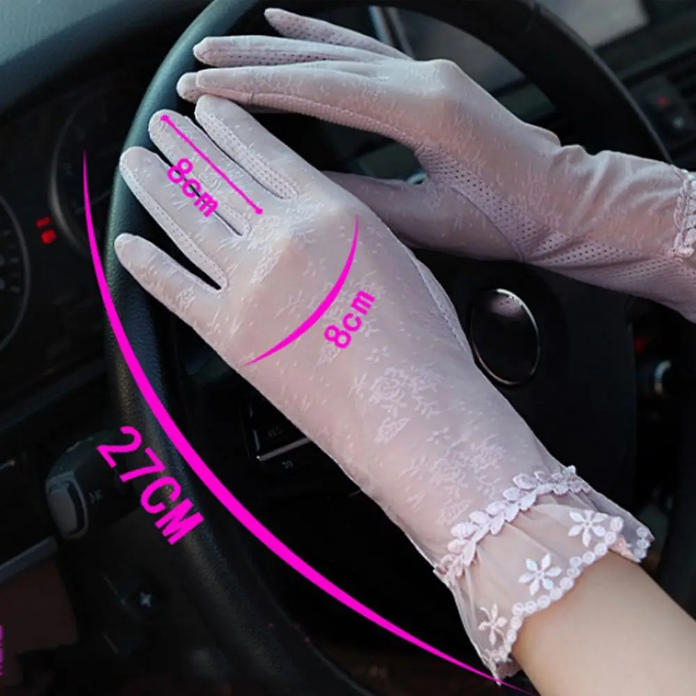 Women\'s Summer Lace Floral Outdoor Touch Screen Finger Gloves Breathable Ladies Ice Silk Lace Sunscreen Non-slip Driving Gloves