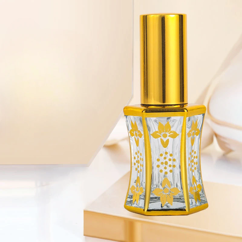 ‌8ml Octagonal Gold-Foiled Glass Bottle – Arabic Style Essential Oil & Perfume Refill Travel Container with Premium Seal‌