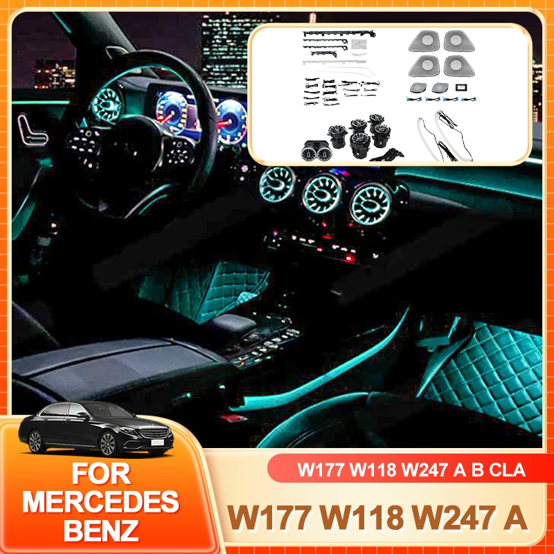 

Внутренние наклейки 64 цвета, окружающее освещение для Mercedes Benz W177 W118 W247 A/B/CLA/GLA/GLB Class RGB, светодиодные вентиляционные отверстия, автомобильное сиденье