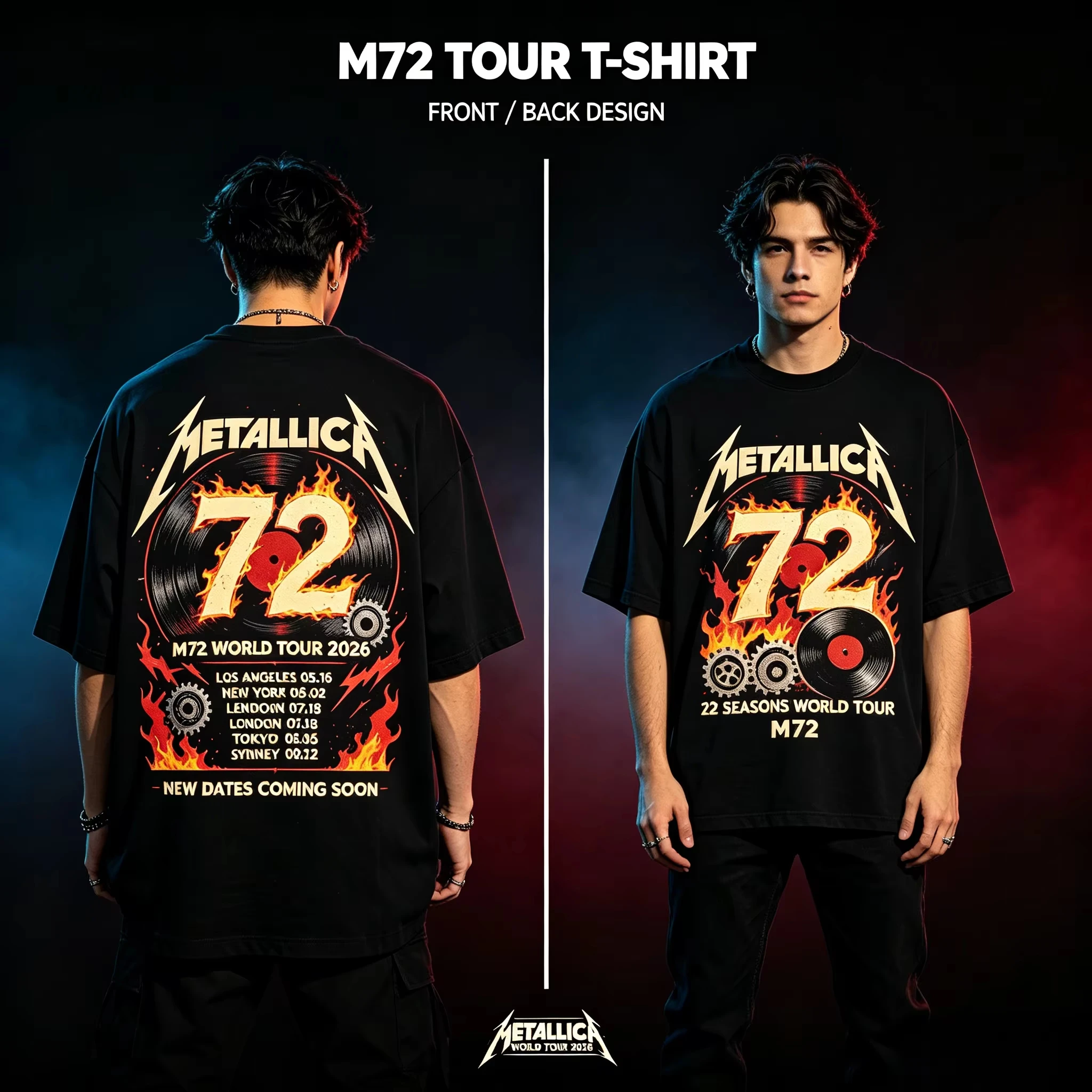 Metallica M72 Tour Flaming Vinyl 72 Front and Back Band T-Shirt Cotton Graphic Tee Men Women Summer Streetwear
