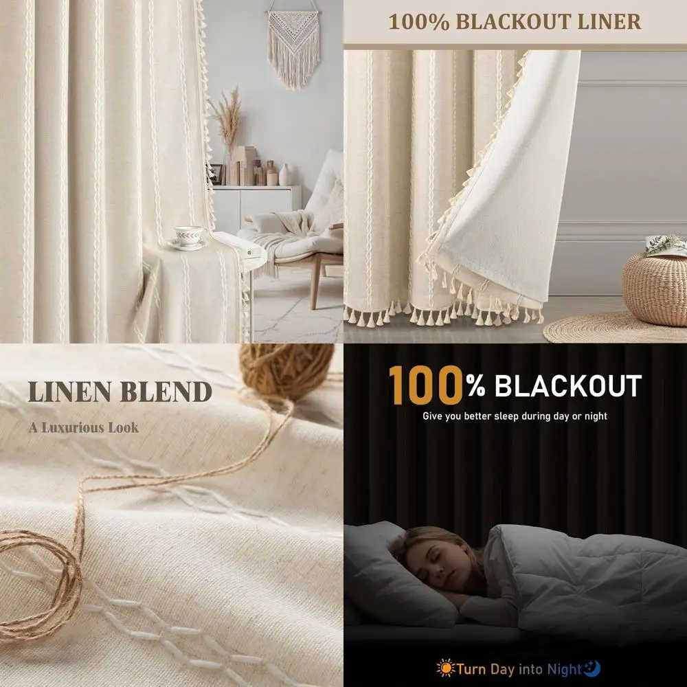 Boho-Vorhänge aus beigem Leinenmischung, 90er lang, mit Quasten und Stickerei, Bauernhaus-Stil für Wohnzimmer/Schlafzimmer