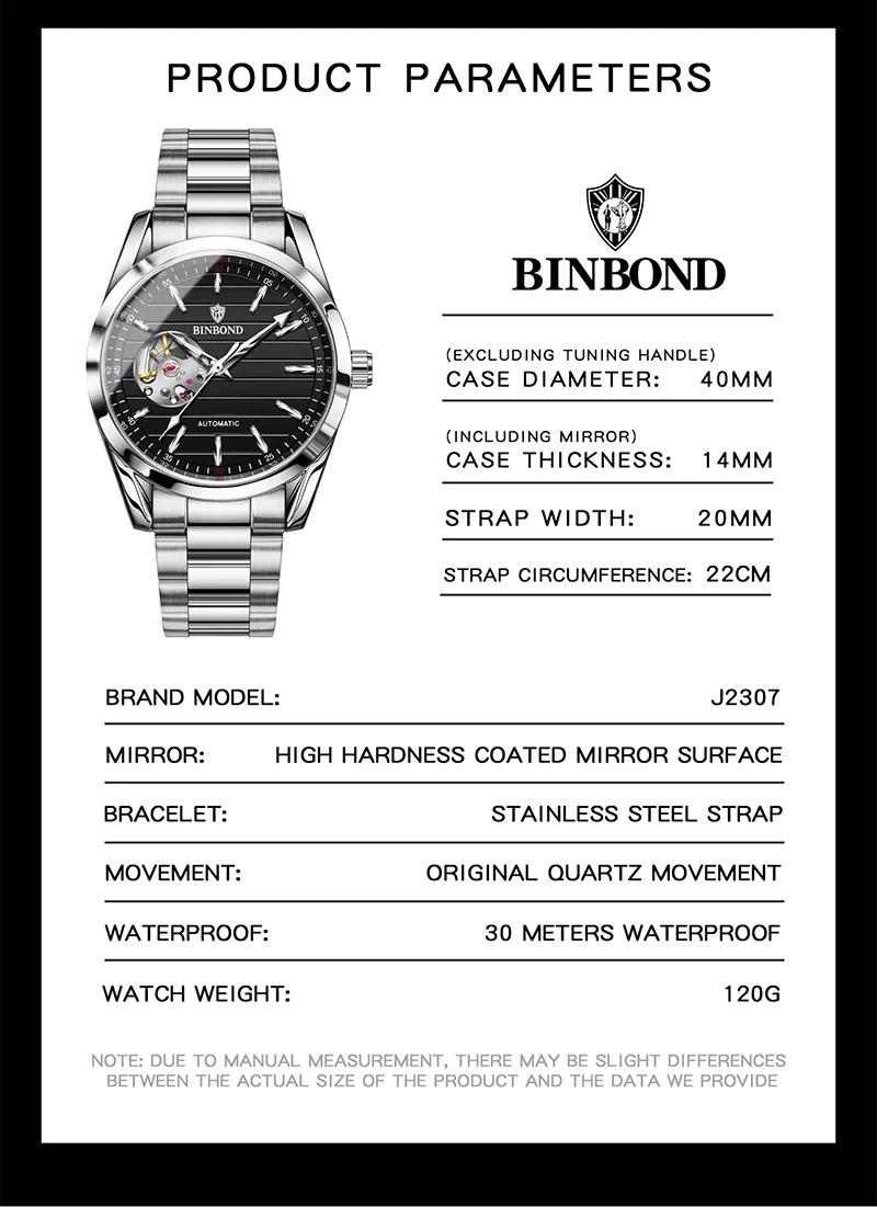 BINBOND Fashion High End Automatic Movement Men's Mechanical Watch Hollow Men's Watch Waterproof Business Watch Watches for Man view 5