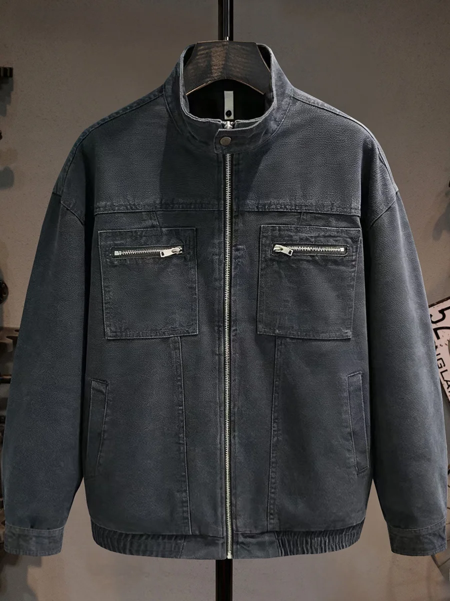 

Pure Cotton Stand Collar Jaet Men's Casual Outdoor Biker Sle Retro Workwear Heavyweight Zipper Closure Long Sve Coat