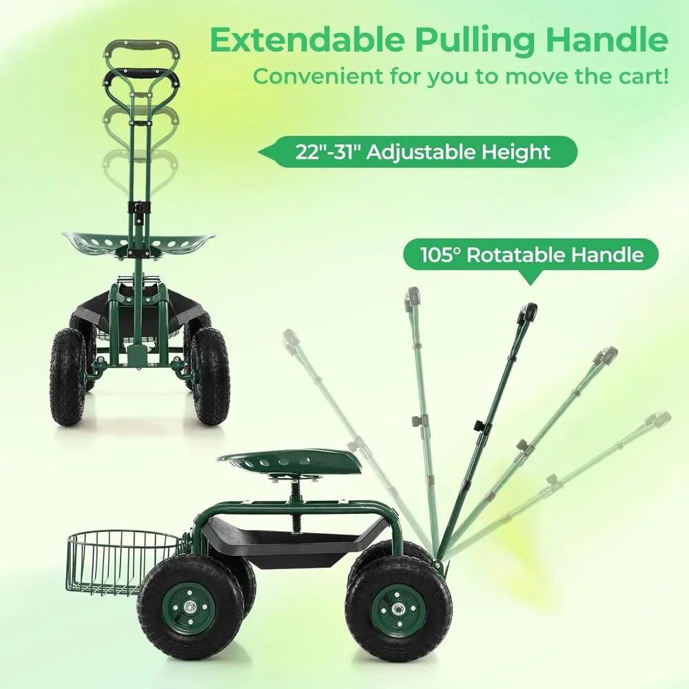 Gerobak Kebun dengan Ketinggian yang Dapat Disesuaikan dan Putaran 360 Derajat °   Kursi Putar, Keranjang Penyimpanan, dan Pegangan yang Dapat Diperpanjang untuk Berkebun yang Serbaguna