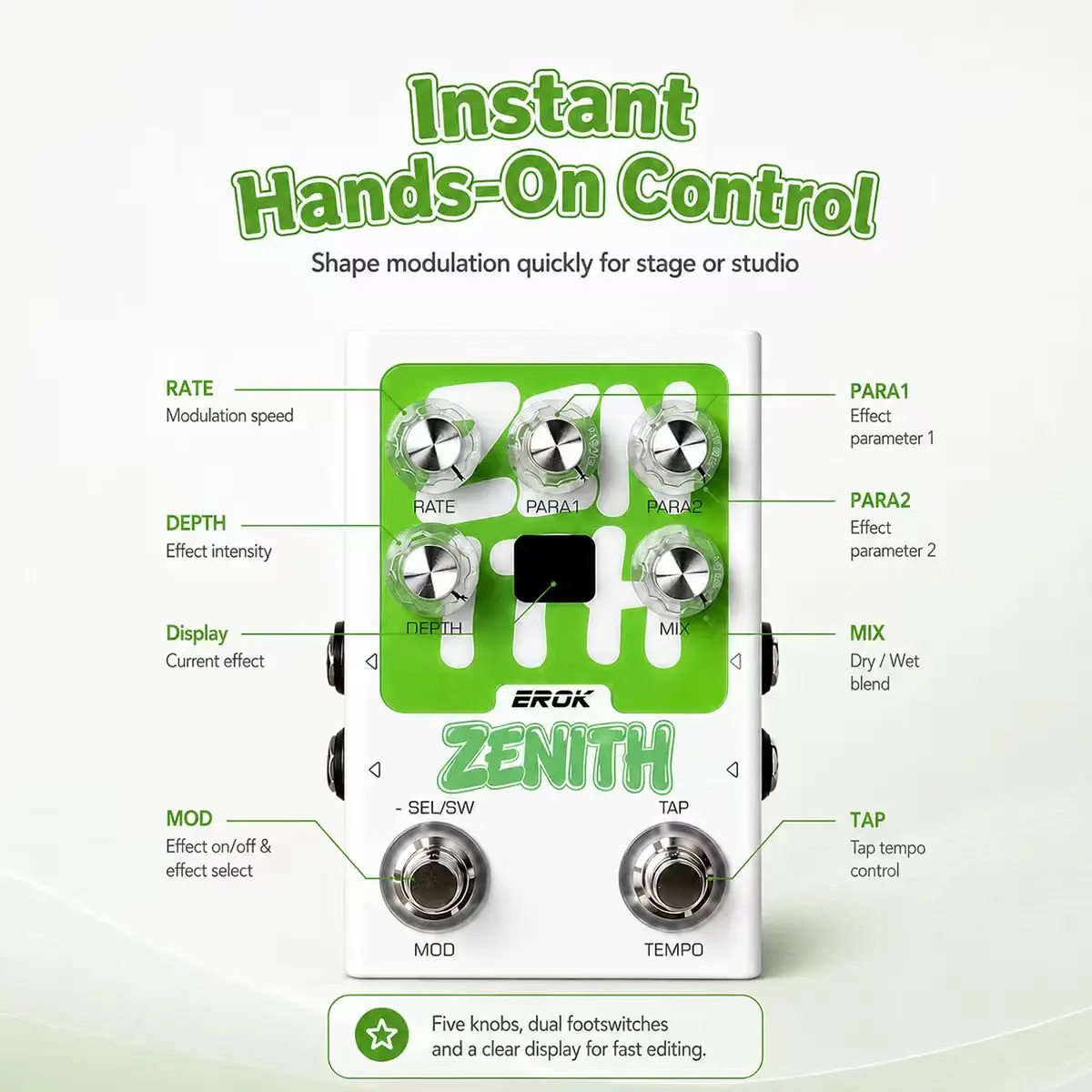 EROK ZENITH Guitar Bass Stereo Mod Pedal 9 Mod Effects Dual Footswitch Tap Tempo Stereo In Out USB-C 9V DC Power Supply
