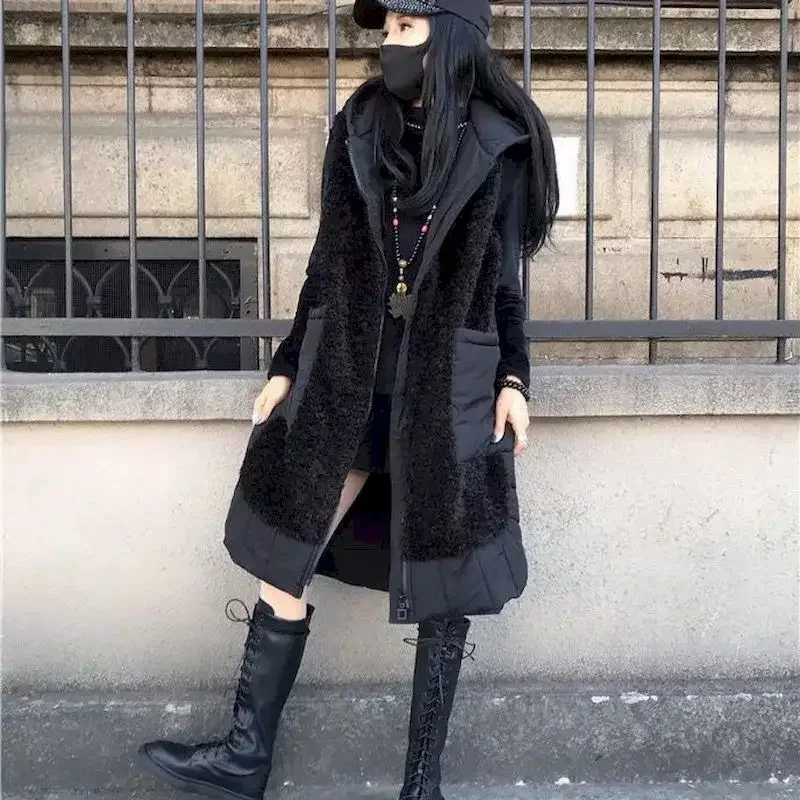 Fashion Hooded Vest Jackets 2025 Autumn Winter Large Size Loose High Waist Medium Long Lamb Wool Stitching Thickened Vests Coat