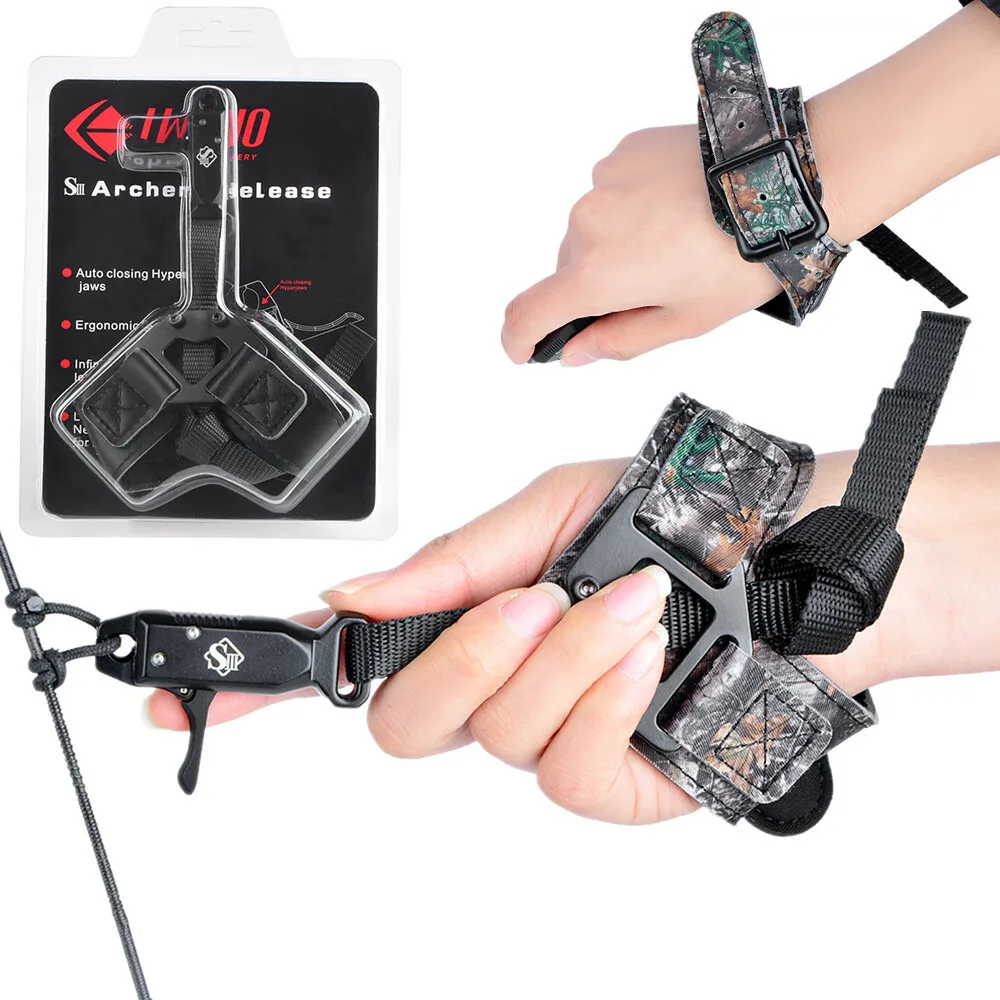 

Archery Black/Camo Professional Caliper Wrist Release 360° Rotating Jaws Adjustable Wristband 100lbs Max Compound Bows Hunting