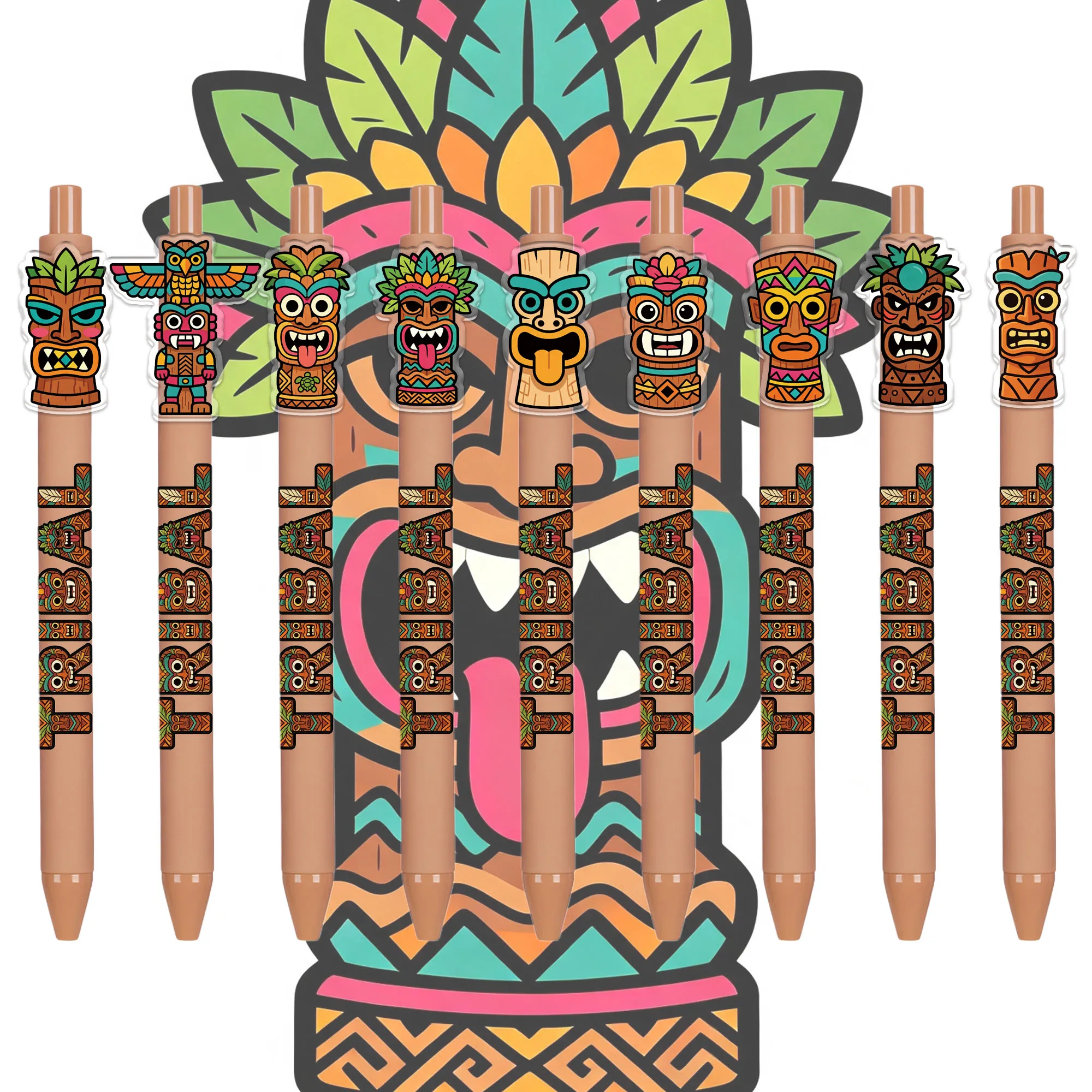 9Pcs/17Pcs Hawaiian Island Style Mask Ballpoint Pens Tropical Primitive Totem Theme Retractable Gift Pens Convenient and Portable Student Writing and Signing Pens Back-To-School Stationery
