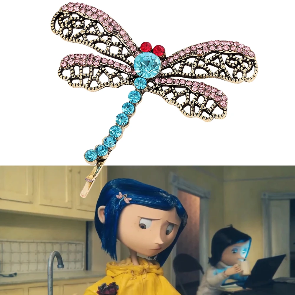 ผู้หญิงคอสเพลย์ Bobby Pin ธีมภาพยนตร์สยองขวัญคลาสสิกสาวการ์ตูน Coraline การออกแบบเดียวกัน Dragonfly Rhinestone ฝัง Hairpins