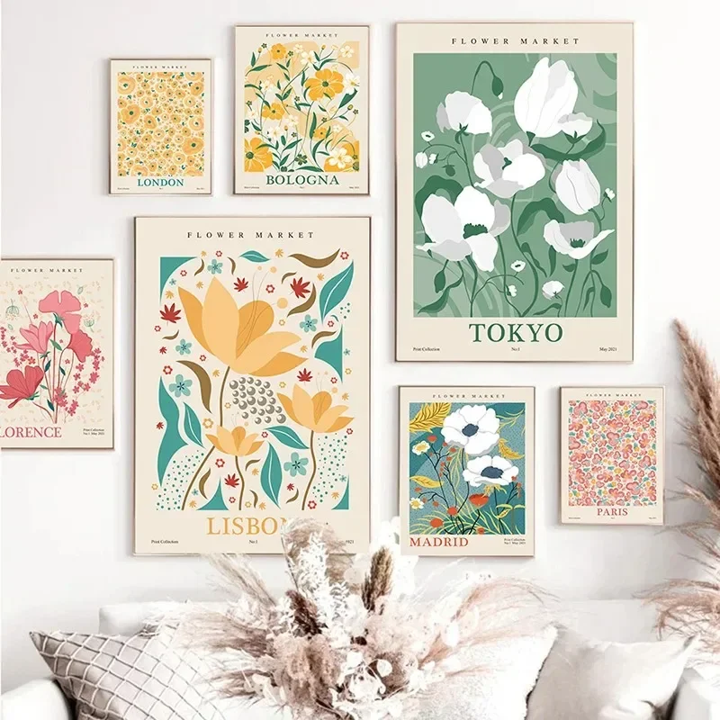 سوق الزهور المشارك الطباعة مجردة النبات جدار الفن باريس مدينة نيويورك اسم قماش اللوحة غرفة المعيشة ديكور المنزل