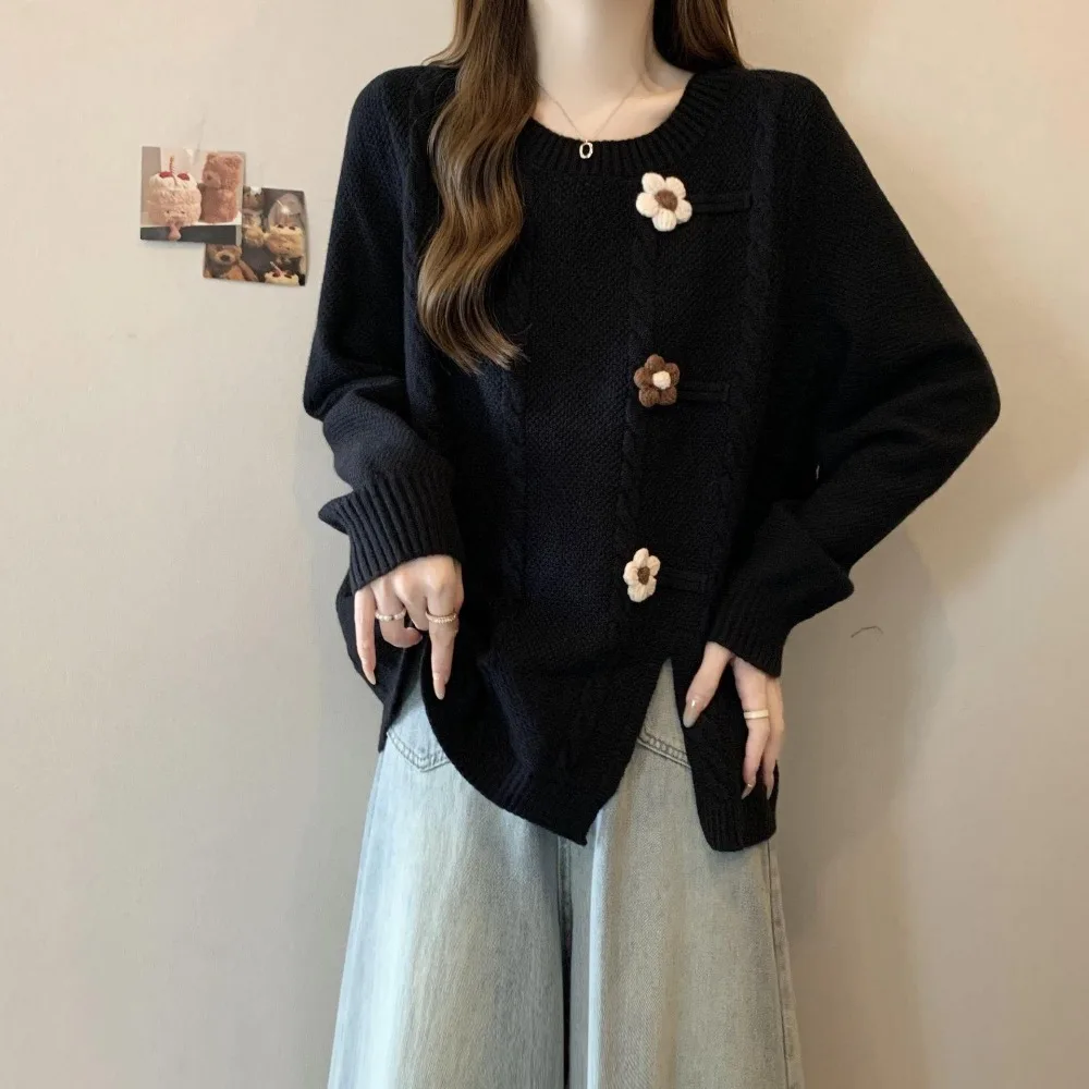 

Large Size Belly Covering Design Sweater Knit Sweater Fashionable Versatile Slimming Split Top Base Shirt