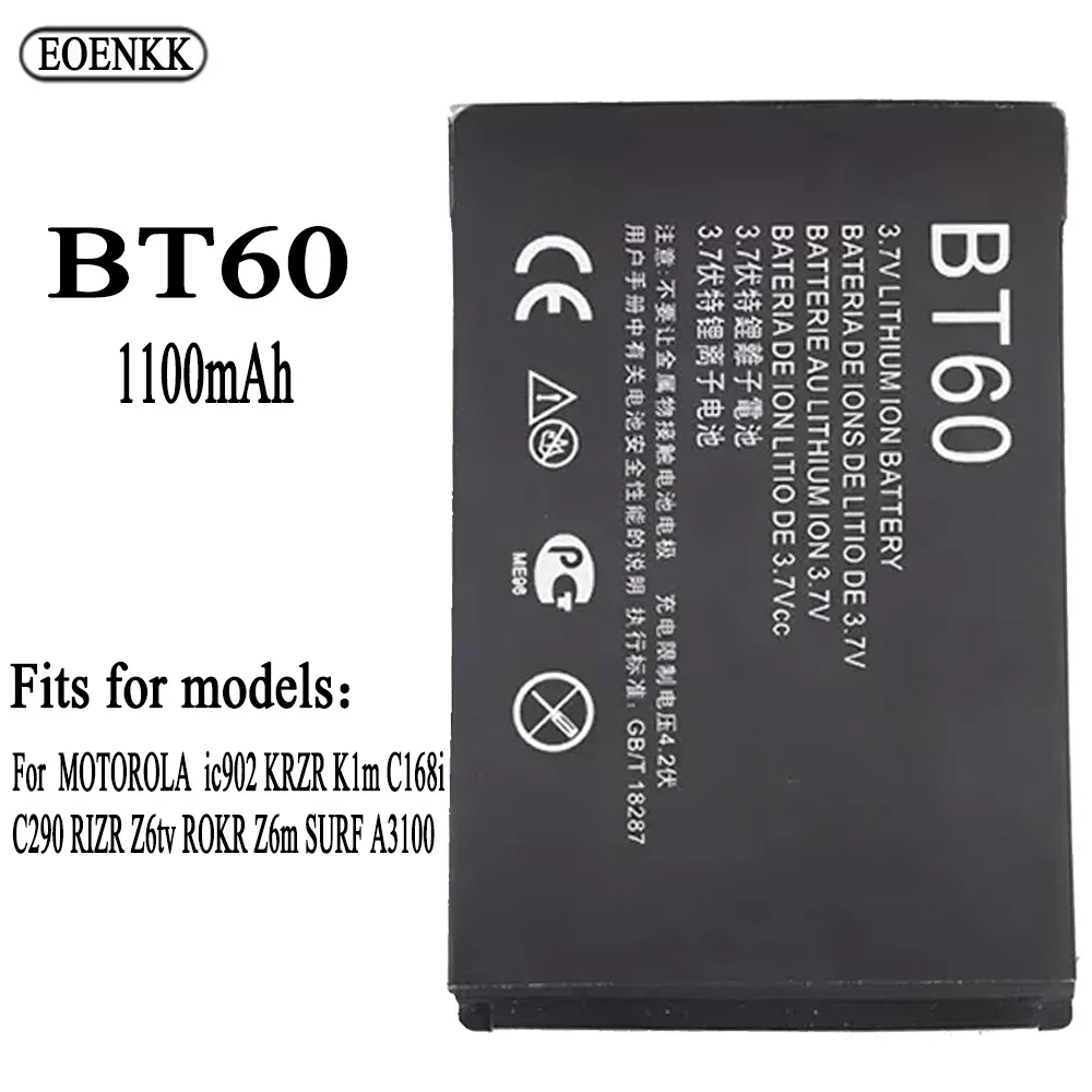 

BT60 Battery FOR MOTOROLA MOTO ic902 KRZR K1m C168i C290 RIZR Z6tv ROKR Z6m SURF A3100 Original Capacity Batteries Bateria