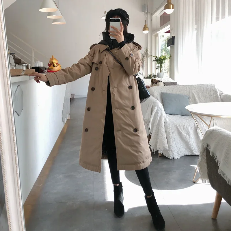 Winter New Hooded Double Breasted Lace Up for Wind Snow Protection Warm White Duck Down Women Mid Length Down Coat Women Coat