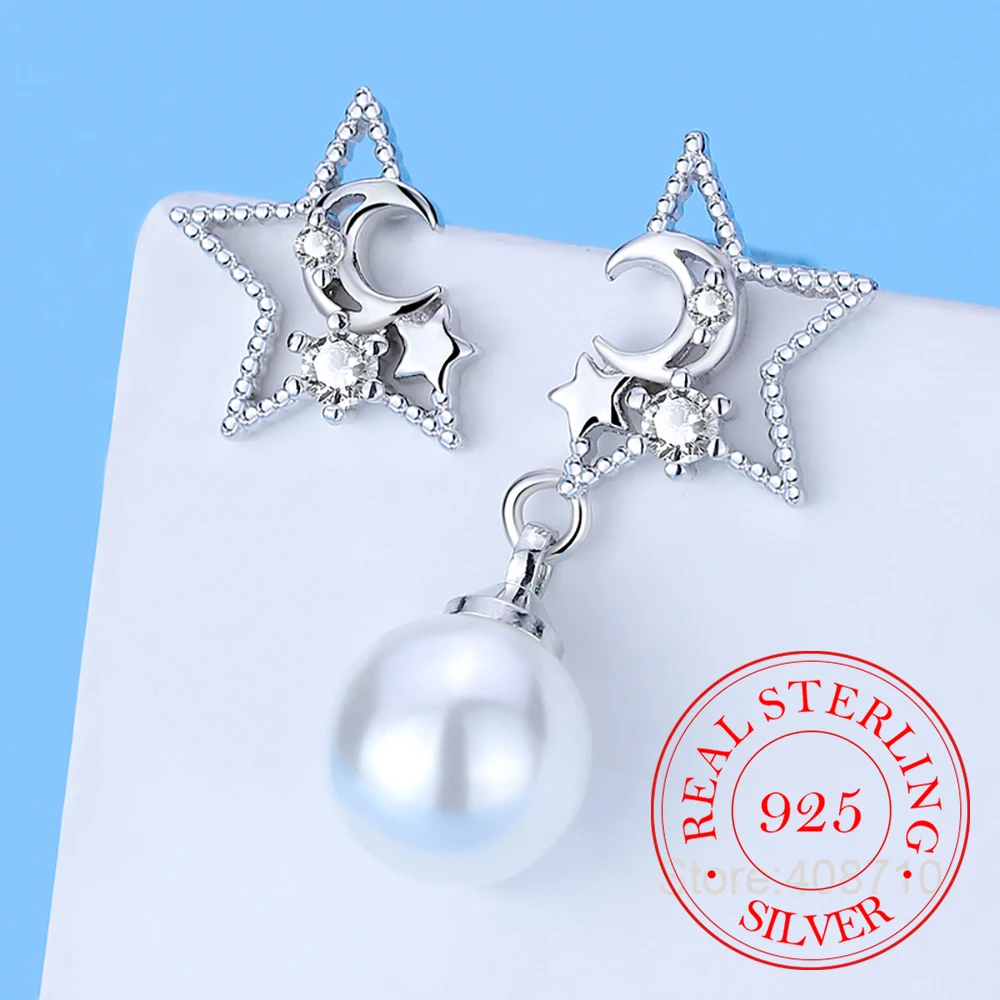 

925 Sterling Silver Jewelry Crystal Moon Stars Pearl Stud Earrings for Women Wedding Party Jewelry For Girls Friend Gift