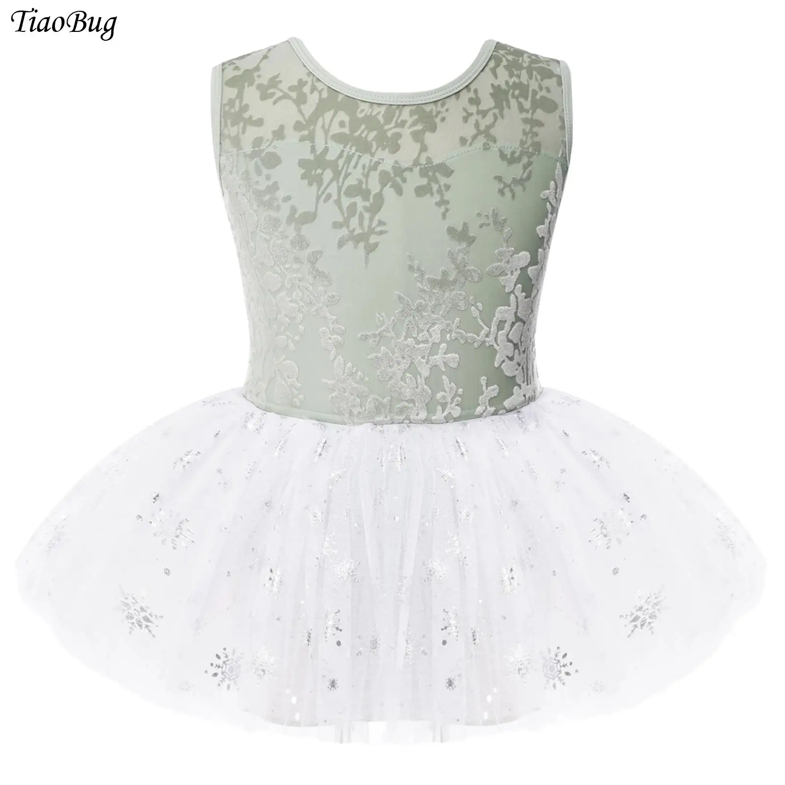 

Kids Girls Lyrical Ballet Latin Dance Performance Costume Jacquard Sleeveless Leotard with Elastic Waistband Layered Tulle Skirt