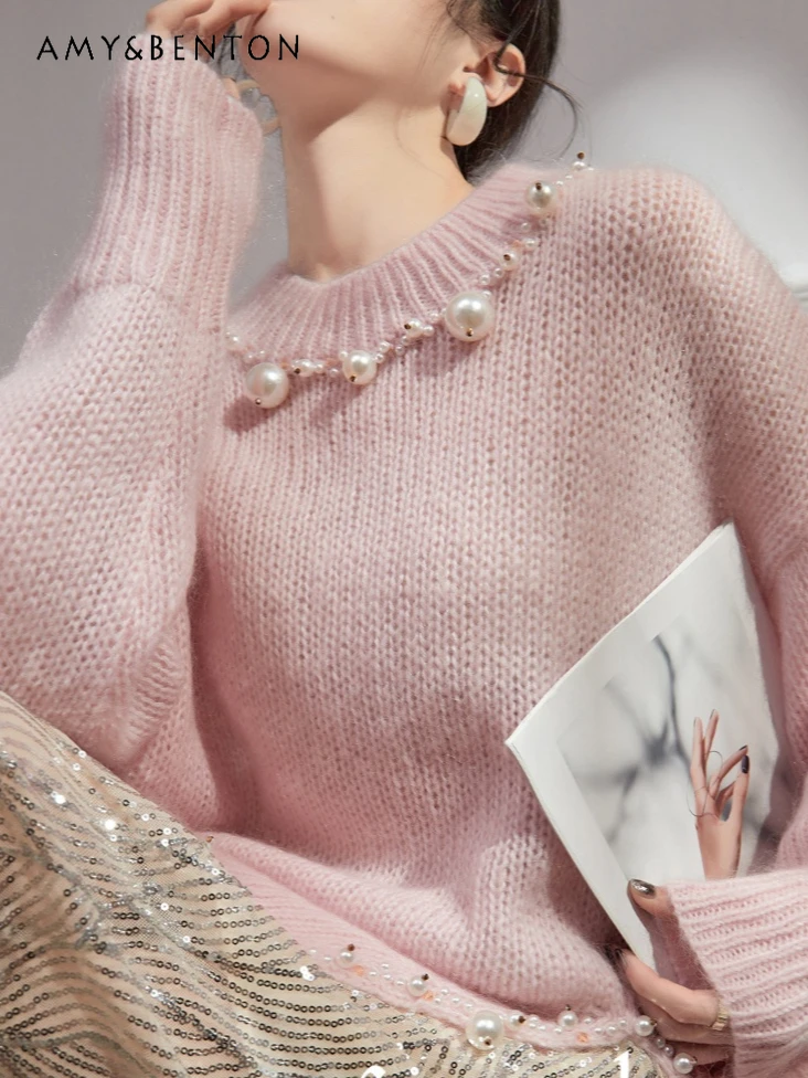 Korean Ins Sweet Pink Knitted Sweater Women Fashion Heavy Industry Pearl Bead Split Jumper Retro Casual Loose Sweaters Autumn