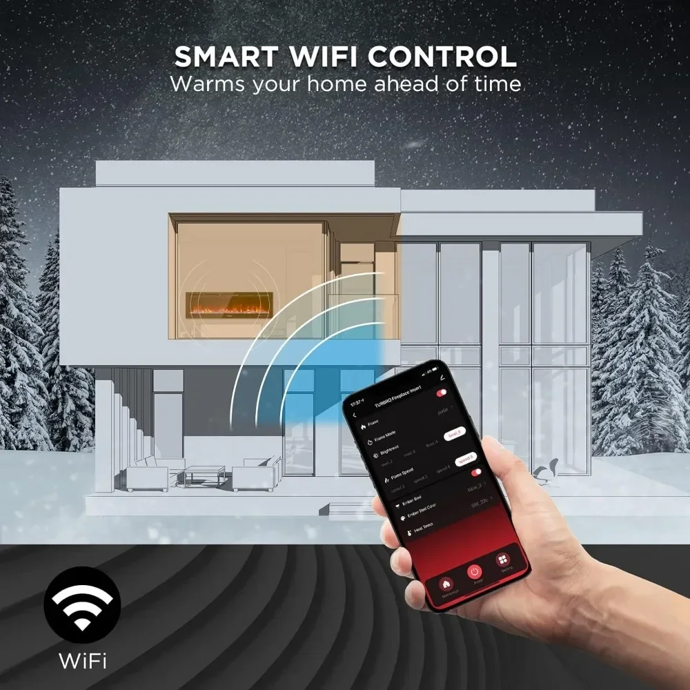 %A 60” Smart WiFi Infrared Electric Fireplace with Sound Crackling and Realistic Flame, 1500W Quartz Heater, Recessed