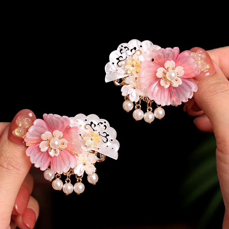 Fairy Flower Hair Clips 2pcs Pearl Pendant Hairpin Chinese Hanfu Hair Accessories Children Step Shake Barrettes Retro Jewelry