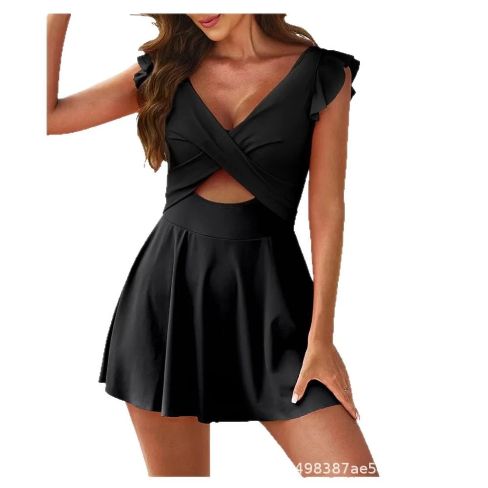 2026 Sexy Ruffle Swim Dress Women Backless Criss Cross One Piece Swimsuit Tummy Control Swimwear Beach Vacation Summer Rompers