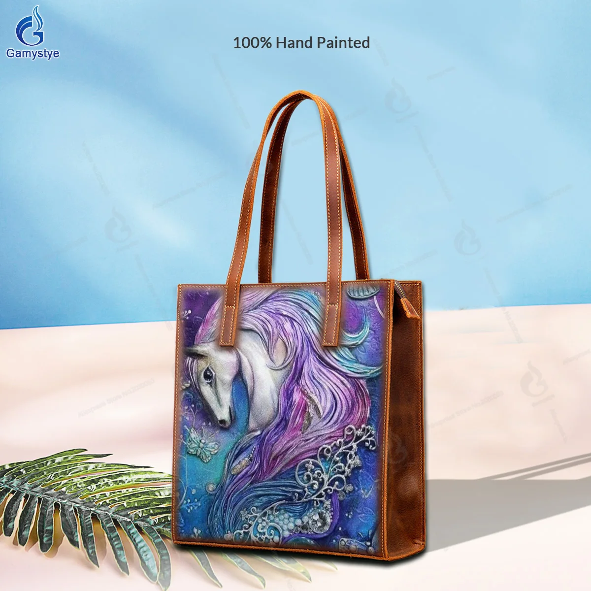 Art Hand-Painting A horse with colorful fur Customize Totes For women Handbag Designer Shoulder Bag 100% Genuine Leather Fashion