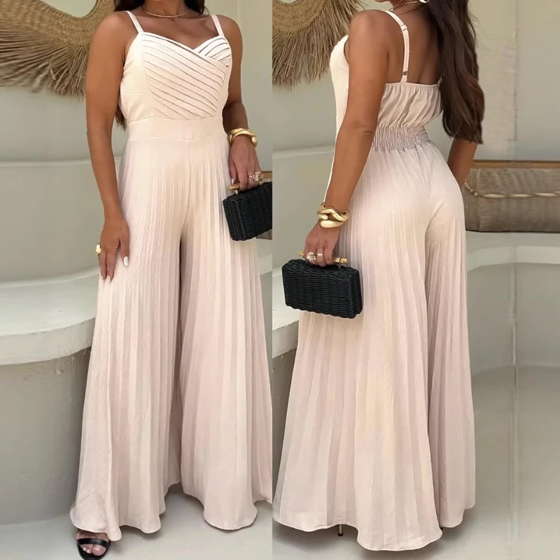 

Jumpsuit for Women Fashion 2025 Summer Pleated V Neck Spaghetti Strap High Waist Casual Wide Leg Loose Flared Romper Playsuits