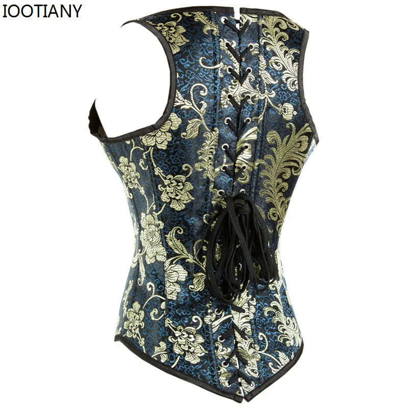 Fashion Flower Printed Black Vintage Corset Gold Jacquard Steel Bone Stamped Waist Corsets Court Embroidery Shoulder Strap Top