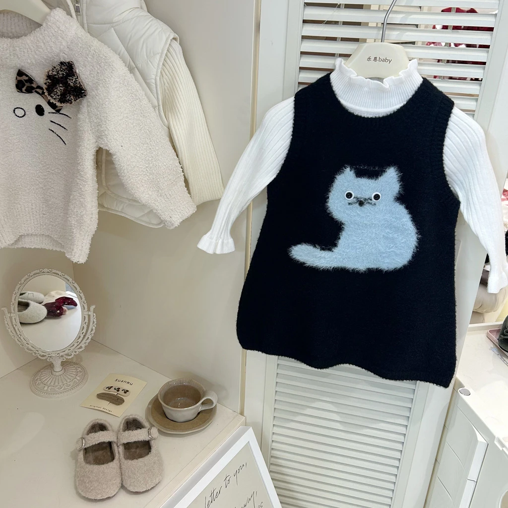 

Girls' Winter Thickened Black Cat Backless Dress, Autumn-winter Baby Versatile Dress, Princess Dress
