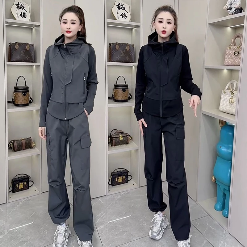 

2025 Autumn New Fashionable Sports Set Women's Design Sense Hoodie Coat+Straight Leg Pants Casual Solid Two Piece Set