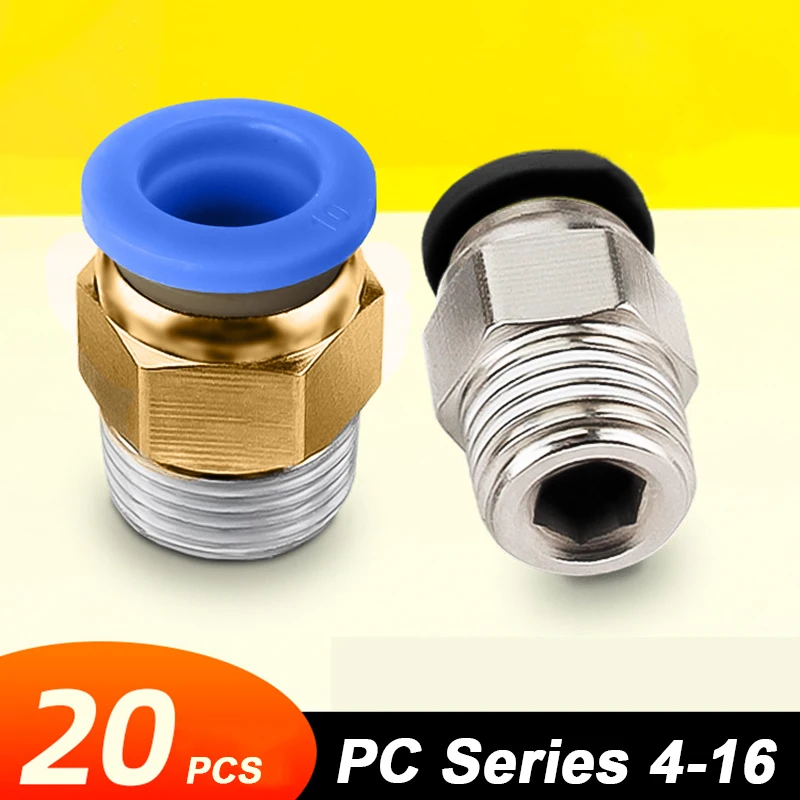 20Pcs Full Size OD 4 6 8 10 12 16mm PC Pneumatic Thread Straight Connector Air Pipe Quick Push in M5 1/8 1/4 3/8 1/2 Male Thread