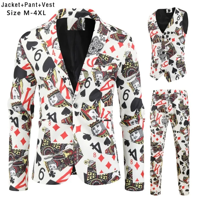 

Boutique Suit 3-piece Fashion Casual Poker Print (suit+vest+pants) Social Banquet Hip-hop Singer Tuxedos Men's 2023 New