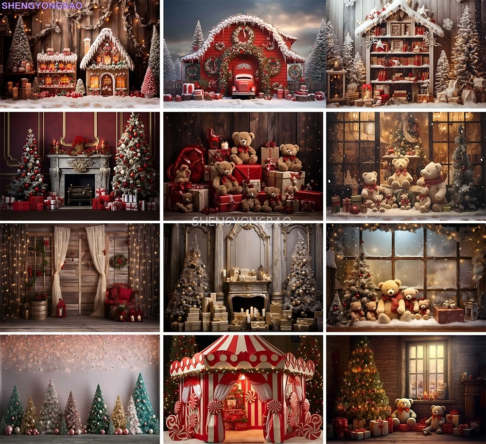 

Festive Christmas Room Fireplace Photography Backdrops Winter New Year Holidays Party Xmas Tree Window Photo Background BR-30