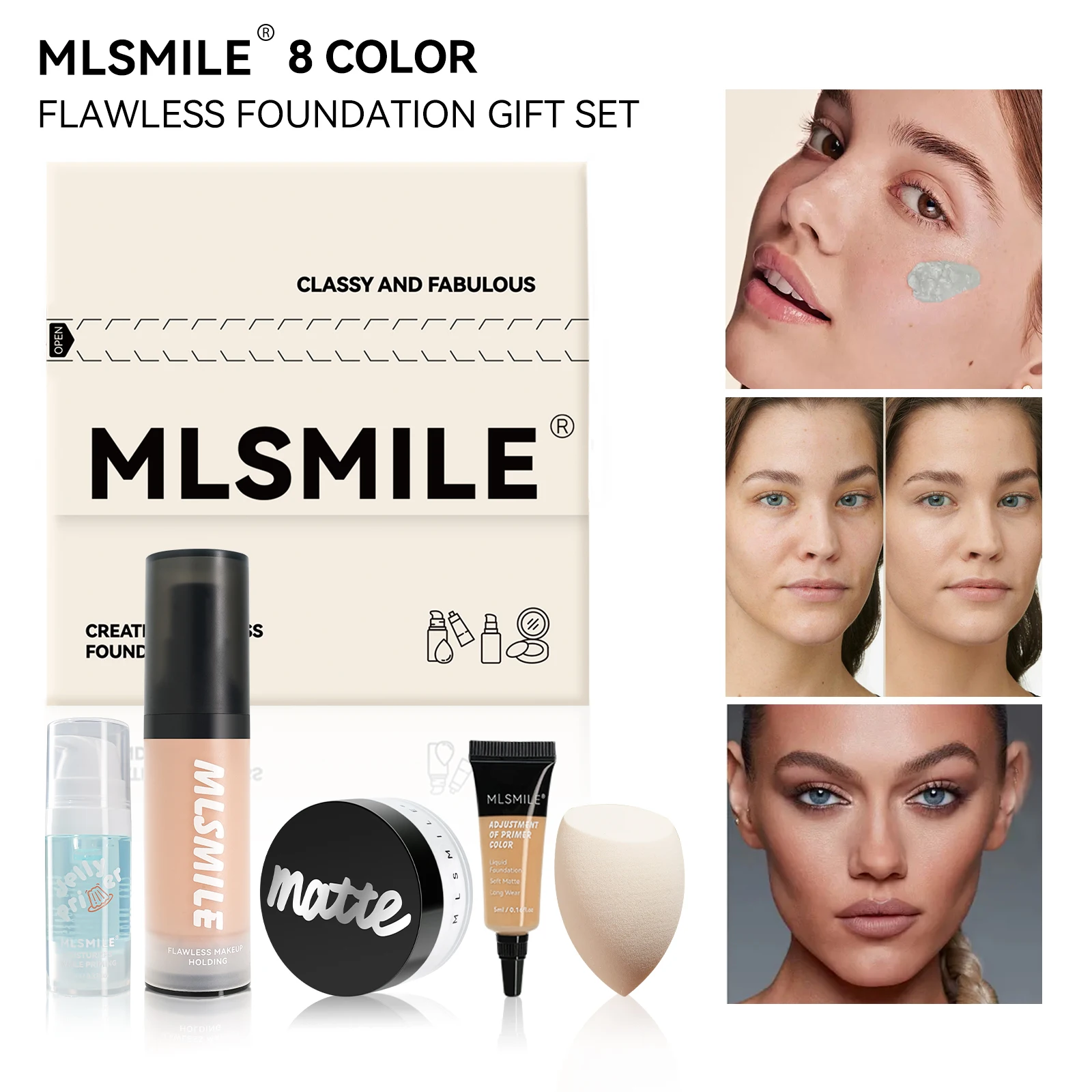 MLSMILE 5 Face Set Matte Loose Powder Foundation Primer มาพร้อมตัวอย่างรองพื้นเมคอัพไข่