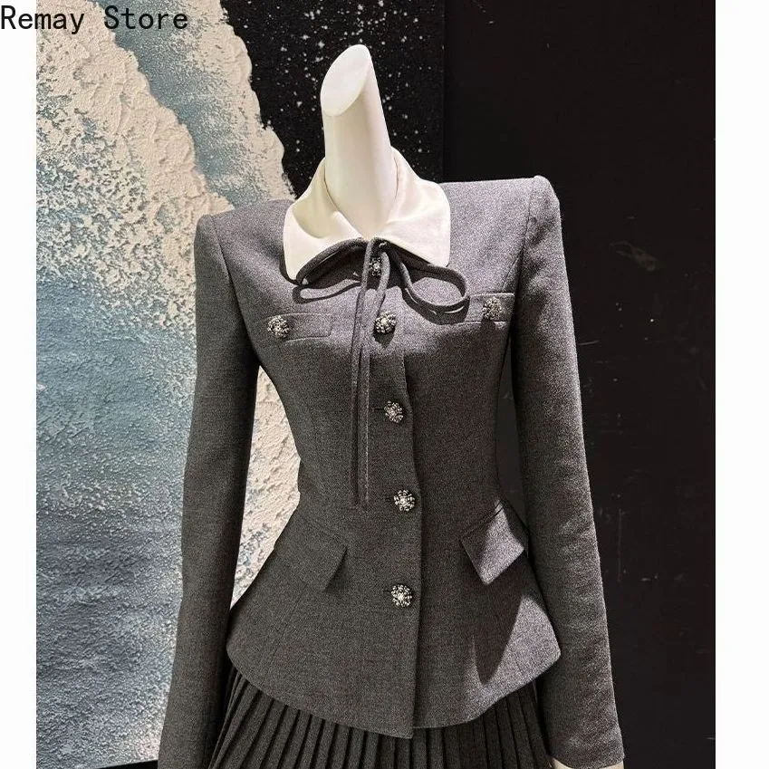 American Vintage Korean Fashion Y2k Women 2 Piece Set Gary Suit Coat + Mini Skirt Harajuku Gothic Lolita Design Slim Fit Outfits image 5