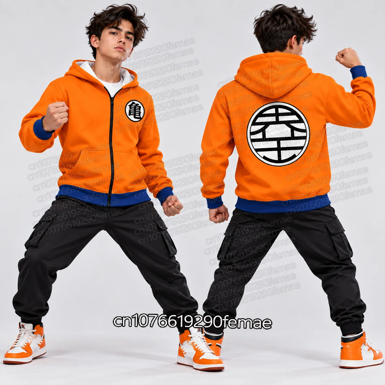 Anime Inspired Orange Blue Kids Zip Up Hoodie Unisex Dragon Warrior Goku Cosplay Jacket Kanji Symbol Print Streetwear Sweatshirt
