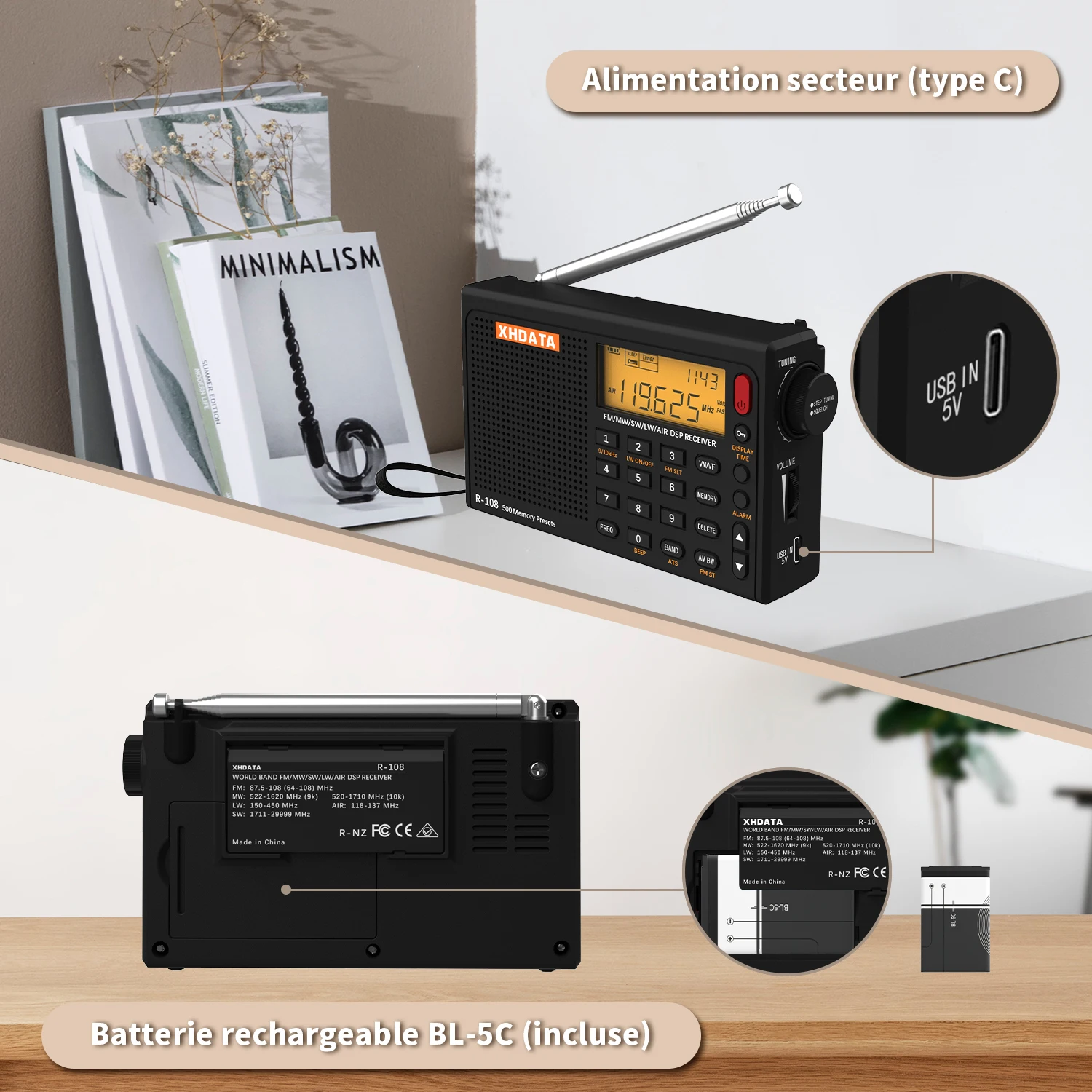 XHDATA R108 デジタルポータブルラジオ AM FM ステレオ短波 LW エア