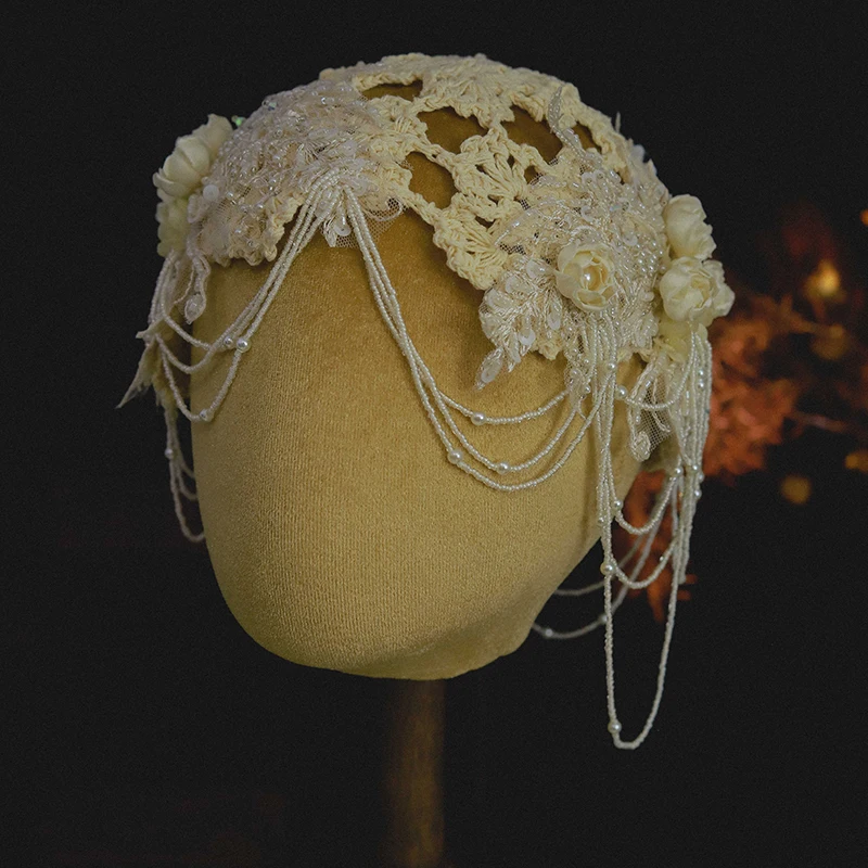 

Handmade Lace Beaded Tassel Hat Bride Wedding Retro Wedding Dress Hair Accessories